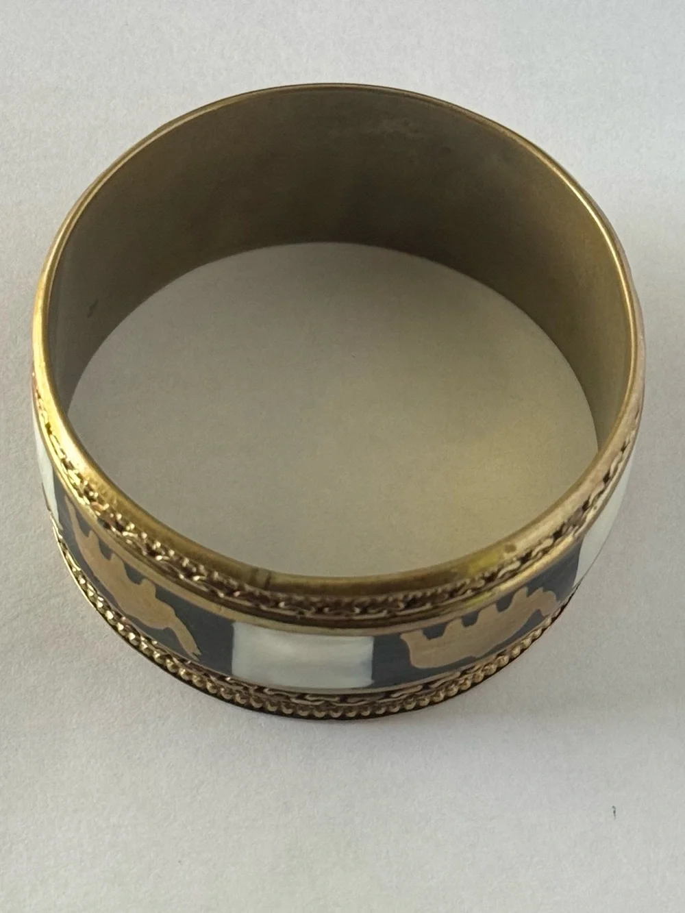 Vintage Brass Elephant & Mother of Pearl Inlay Bangle Bracelet